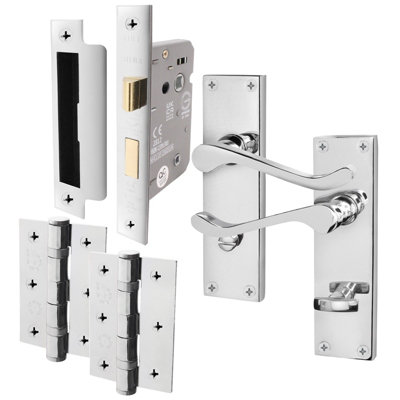 AFIT Polished Chrome Traditional Victorian Scroll Bathroom Door Handle Set - Internal Door Handles, Lock (64mm) & Hinges (76mm)