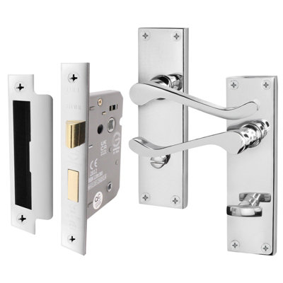 AFIT Polished Chrome Traditional Victorian Scroll Bathroom Door Handle Set - Internal Door Handles & Lock (64mm)