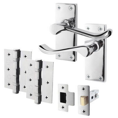 AFIT Polished Chrome Traditional Victorian Scroll Door Handle Set - Internal Door Handles, Latch (64mm) & Hinges (76mm)