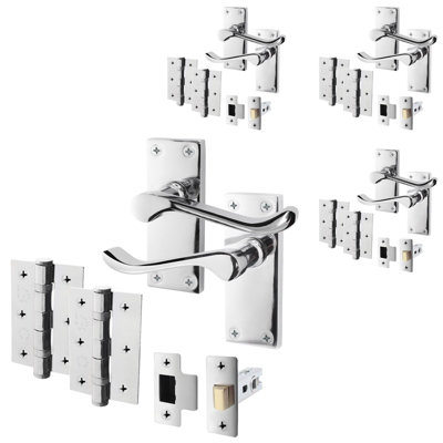 AFIT Polished Chrome Traditional Victorian Scroll Door Handle Set - Pack 4 - Internal Door Handles, Latch (64mm) & Hinges (76mm)