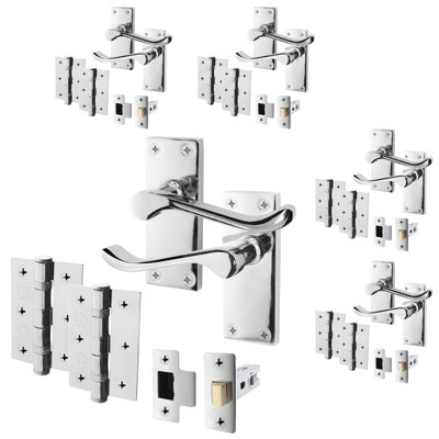 AFIT Polished Chrome Traditional Victorian Scroll Door Handle Set - Pack 5 - Internal Door Handles, Latch (64mm) & Hinges (76mm)