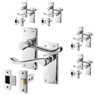 AFIT Polished Chrome Traditional Victorian Scroll Door Handle Set - Pack 5 - Internal Door Handles & Latch (64mm)