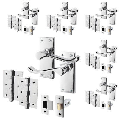 AFIT Polished Chrome Traditional Victorian Scroll Door Handle Set - Pack 6 - Internal Door Handles, Latch (64mm) & Hinges (76mm)