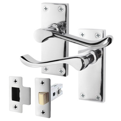 AFIT Polished Chrome Victorian Scroll Door Handle Latch Set - 1 Pair of Internal Lever Latch Handles on Backplate & Latch (66mm)