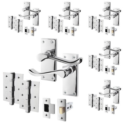 AFIT Polished Chrome Victorian Scroll Door Handle Latch Set - 6 Pairs of Internal Handles with Hinges (76mm) & Latch (66mm)