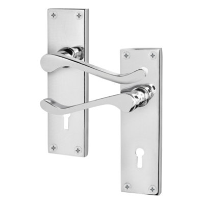 AFIT Polished Chrome Victorian Scroll Door Handles for Key Lock - 1 Pair of Internal Lever Lock Handles on Backplate