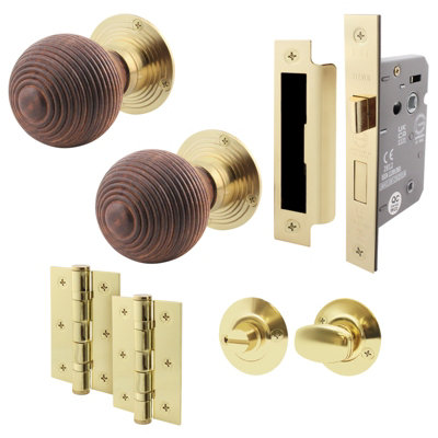 AFIT Rosewood Bathroom Door Knob Set  - 1 Pair of Mortice Knobs (55mm), Lock (80mm) & Hinges (76mm) for Internal Doors