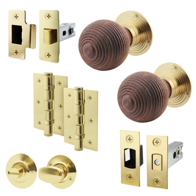 AFIT Rosewood Door Knob Set  - 1 Pair of Mortice Knobs (55mm), Latch & Deadbolt Kit (76mm), Hinges (76mm) & Turn & Release