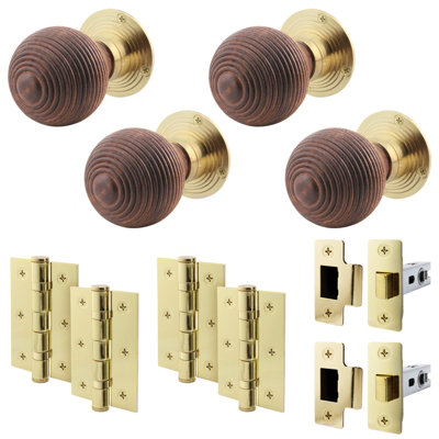 AFIT Rosewood Door Knob Set  - 2 Pairs of Mortice Knobs (55mm), Latch (76mm) & Hinges (76mm) for Internal Doors