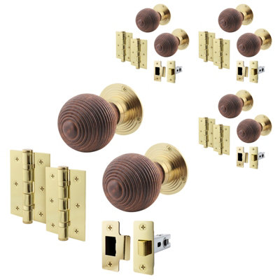AFIT Rosewood Door Knob Set  - 4 Pairs of Mortice Knobs (55mm), Latch (76mm) & Hinges (76mm) for Internal Doors