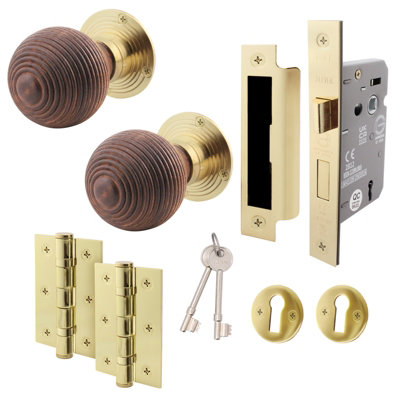 AFIT Rosewood Key Lock Door Knob Set  - 1 Pair of Mortice Knobs (55mm), Sash Lock (80mm) & Hinges (76mm) for Internal Doors