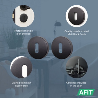 AFIT Round Keyhole Cover Escutcheon Set - Pack of 2, Matt Black Keyhole Escutcheon Universal Black Door Key Cap Covers