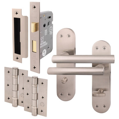 AFIT Satin Bathroom Door Handle Set - 1 Pair Internal T-Bar Handles on Backplate with Hinges (76mm) & Lock (64mm) - Olvera Range