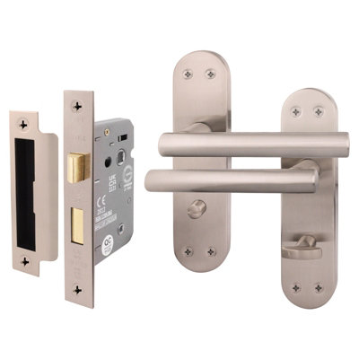 AFIT Satin Bathroom Door Handle Set - 1 Pair Internal T-Bar Handles on Backplate with Lock (64mm) - Olvera Range