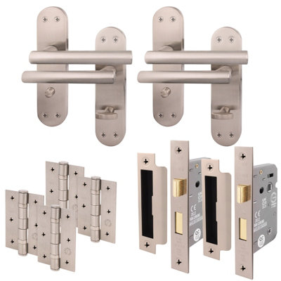 AFIT Satin Bathroom Door Handle Set - 2 Pairs Internal T-Bar Handles on Backplate with Hinges (76mm) & Locks (64mm) - Olvera Range