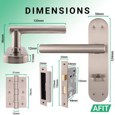 AFIT Satin Bathroom Door Handle Set - 2 Pairs Internal T-Bar Handles on Backplate with Hinges (76mm) & Locks (64mm) - Olvera Range