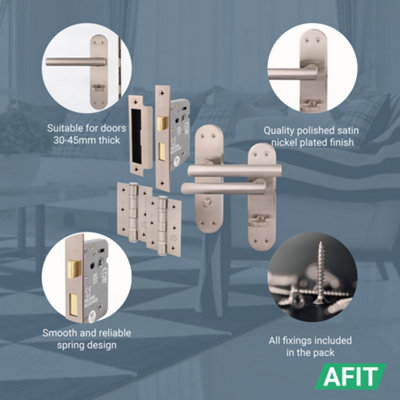 AFIT Satin Bathroom Door Handle Set - 2 Pairs Internal T-Bar Handles on Backplate with Hinges (76mm) & Locks (64mm) - Olvera Range