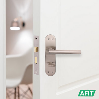 AFIT Satin Bathroom Door Handle Set - 2 Pairs Internal T-Bar Handles on Backplate with Hinges (76mm) & Locks (64mm) - Olvera Range