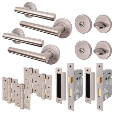 AFIT Satin Bathroom Door Handles Round Rose with Turn Release and WC Lock and Hinges T-Bar 2 Pair Olvera Range Price Comparisons | Compare The Build