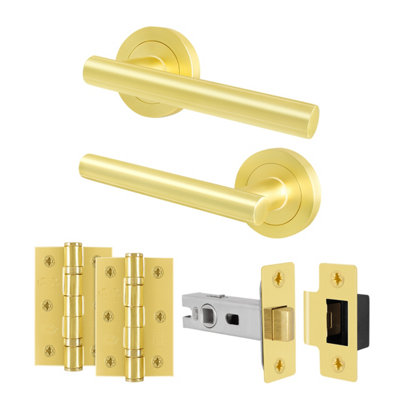 AFIT Satin Brass Door Handles Round Rose Latch Kit, 1 Pair Internal Lever Handles, Latch 64mm and Hinges - Olvera