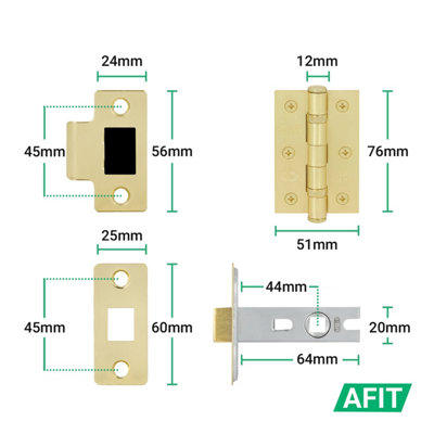 AFIT Satin Brass Door Handles Round Rose Latch Kit, 1 Pair Internal Lever Handles, Latch 64mm and Hinges - Olvera