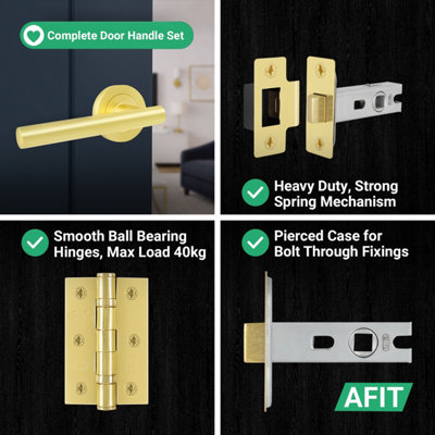 AFIT Satin Brass Door Handles Round Rose Latch Kit, 1 Pair Internal Lever Handles, Latch 64mm and Hinges - Olvera