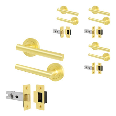 AFIT Satin Brass Door Handles Round Rose with Latch, 4 Pairs of Internal Lever Handles, Latch 64mm - Olvera