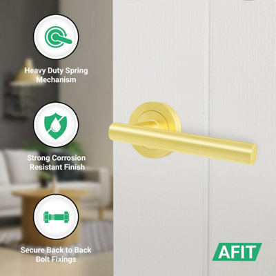 AFIT Satin Brass Door Handles Round Rose with Latch, 4 Pairs of Internal Lever Handles, Latch 64mm - Olvera