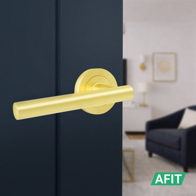 AFIT Satin Brass Door Handles Round Rose with Latch, 4 Pairs of Internal Lever Handles, Latch 64mm - Olvera