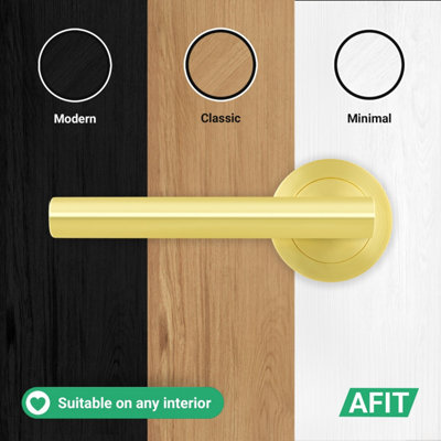 AFIT Satin Brass Door Handles Round Rose with Latch, 4 Pairs of Internal Lever Handles, Latch 64mm - Olvera