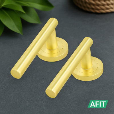 AFIT Satin Brass Door Handles Round Rose with Latch, 4 Pairs of Internal Lever Handles, Latch 64mm - Olvera