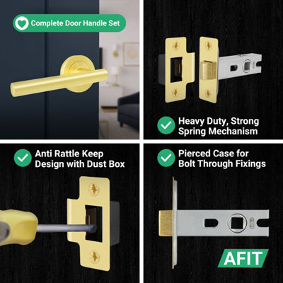 AFIT Satin Brass Door Handles Round Rose with Latch, 4 Pairs of Internal Lever Handles, Latch 64mm - Olvera