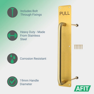 AFIT Satin Brass Pull Handle on Plate Engraved PULL 425 x 75mm Satin Brass