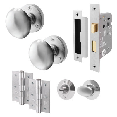 AFIT Satin Chrome Bathroom Door Knob Set - 1 Pair of Victorian Mortice Knobs (55mm), Lock (80mm) & Hinges (76mm)