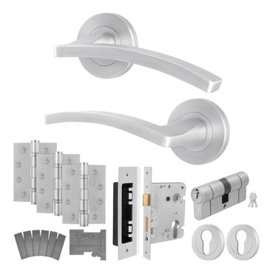 AFIT Satin Chrome Door Handle Euro Lock and Double Cylinder Kit, Fire ...