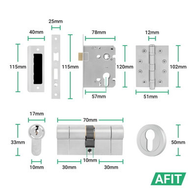AFIT Satin Chrome Door Handle Euro Lock and Double Cylinder Kit, Fire ...