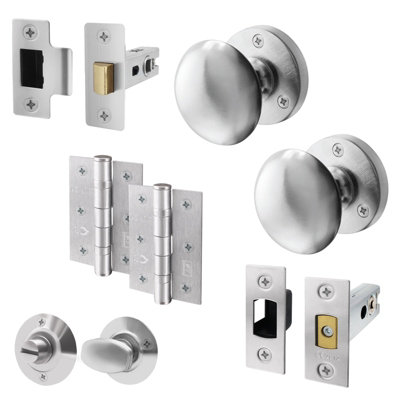 AFIT Satin Chrome Door Knob Set - 1 Pair of Knobs (55mm), Latch & Deadbolt (76mm), Hinges (76mm) & Turn & Release