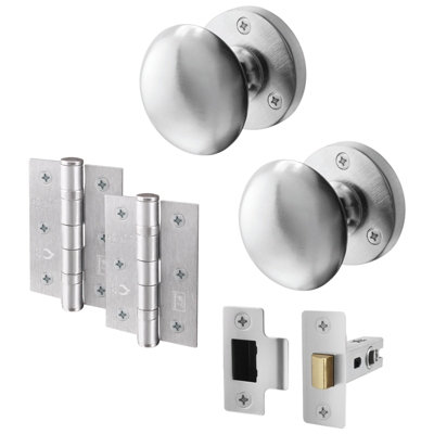 AFIT Satin Chrome Door Knob Set - 1 Pair of Victorian Mortice Knobs (55mm), Latch (76mm) & Hinges (76mm)