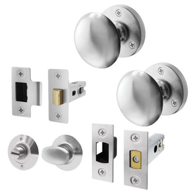 AFIT Satin Chrome Door Knob Set - 1 Pair of Victorian Mortice Knobs (55mm), Latch & Deadbolt Kit (76mm) & Turn & Release