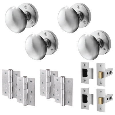 AFIT Satin Chrome Door Knob Set - 2 Pairs of Victorian Mortice Knobs (55mm), Latch (76mm) & Hinges (76mm)