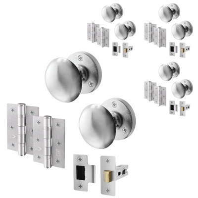 AFIT Satin Chrome Door Knob Set - 4 Pairs of Victorian Mortice Knobs (55mm), Latch (76mm) & Hinges (76mm)