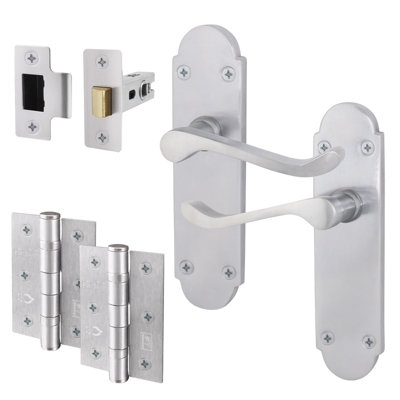 AFIT Satin Chrome Shaped Victorian Scroll Door Handle Set - Internal Door Handles, Latch ( 64mm) & Hinges (76mm)