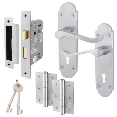 AFIT Satin Chrome Shaped Victorian Scroll Door Handle Set - Internal Door Handles, Lock ( 64mm) & Hinges (76mm)