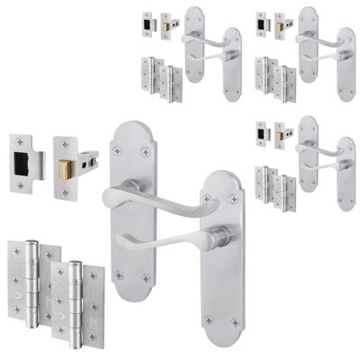AFIT Satin Chrome Shaped Victorian Scroll Door Handle Set - Pack 4 - Internal Door Handles, Latch ( 64mm) & Hinges (76mm)