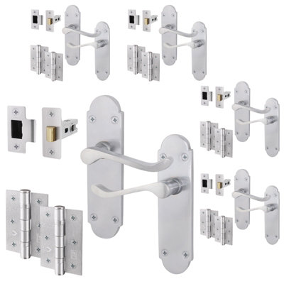 AFIT Satin Chrome Shaped Victorian Scroll Door Handle Set - Pack 5 - Internal Door Handles, Latch ( 64mm) & Hinges (76mm)