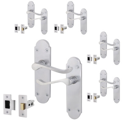 AFIT Satin Chrome Shaped Victorian Scroll Door Handle Set - Pack 5 - Internal Door Handles & Latch ( 64mm)