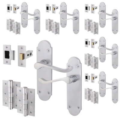 AFIT Satin Chrome Shaped Victorian Scroll Door Handle Set - Pack 6 - Internal Door Handles, Latch ( 64mm) & Hinges (76mm)