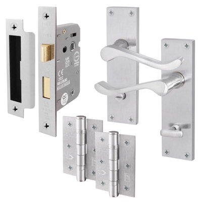 AFIT Satin Chrome Traditional Victorian Scroll Bathroom Door Handle - Pack 2 - Internal Door Handles, Lock (64mm) & Hinges (76mm)