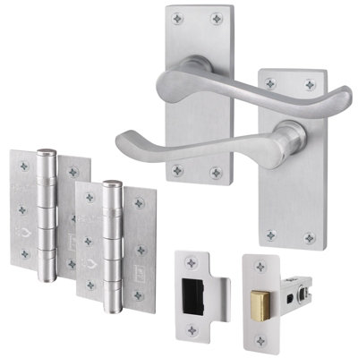 AFIT Satin Chrome Traditional Victorian Scroll Door Handle Set - Internal Door Handles, Latch ( 64mm) & Hinges (76mm)