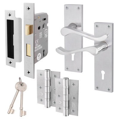 AFIT Satin Chrome Traditional Victorian Scroll Door Handle Set - Internal Door Handles, Lock ( 64mm) & Hinges (76mm)